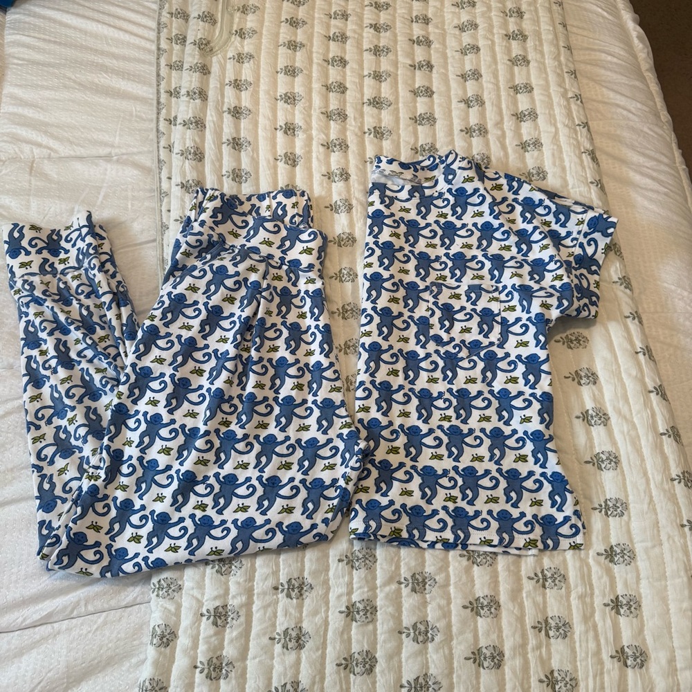 Roller Rabbit Blue & White Monkey Pajama Set XS Pima Cotton EUC